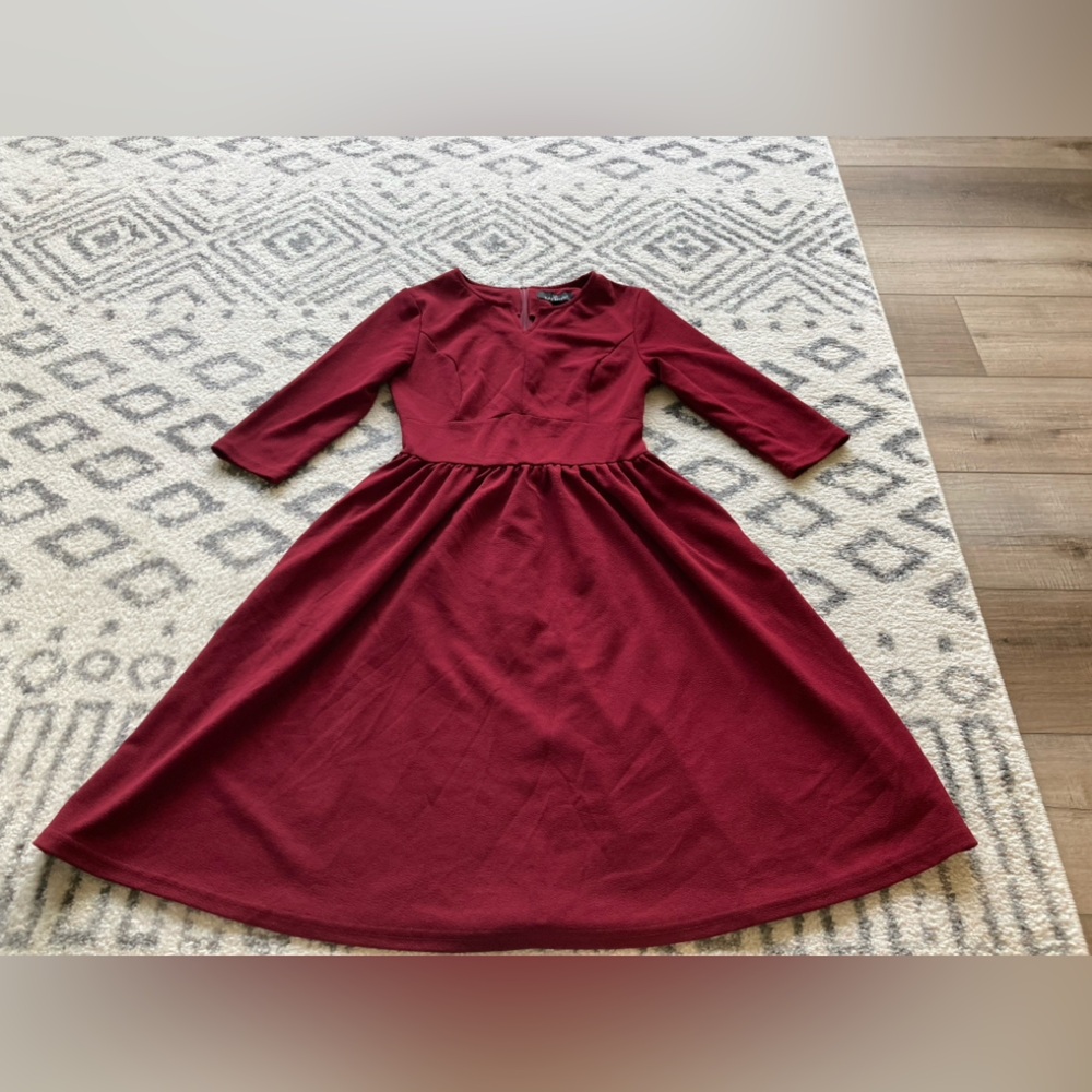 Women YATHON red maroon long sleeve vneck full skirt knee length dress zip s